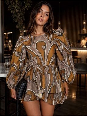 Staud Amber Abstract Print Puff-Sleeve Peplum Top